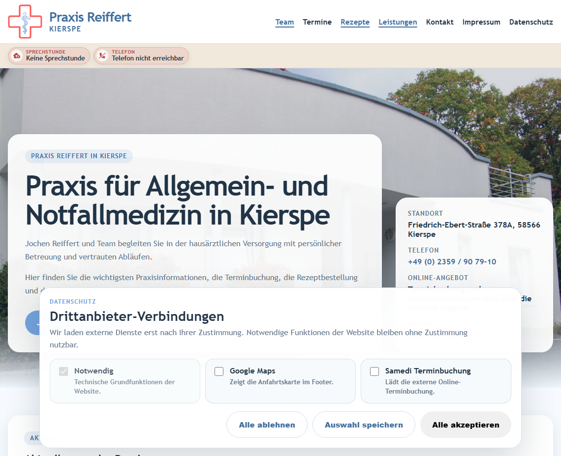 Screenshot der Website Praxis Reiffert Kierspe